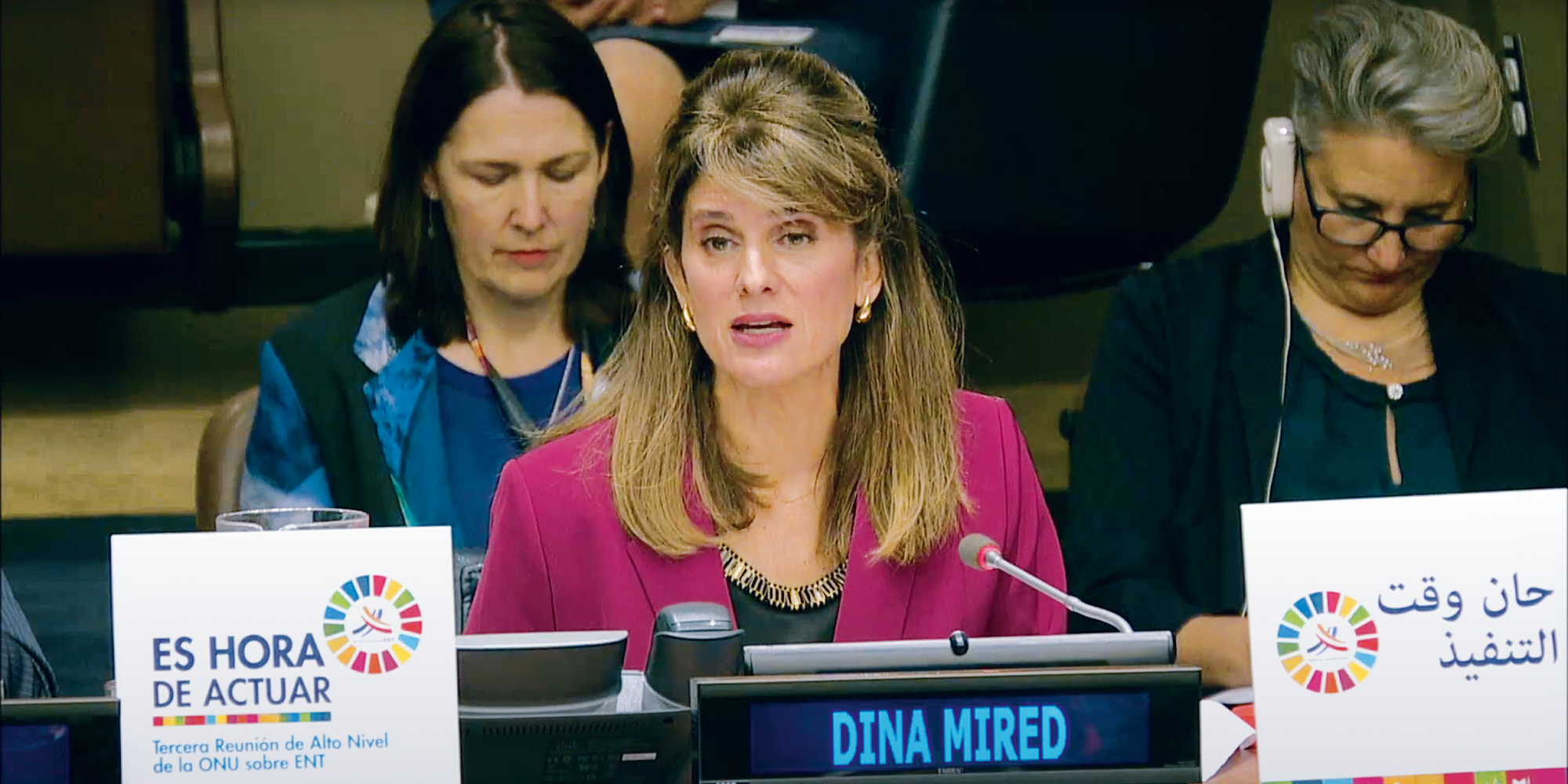 Her Royal Highness Princess Dina Mired of Jordan speaking on behalf of civil society as an 'Eminent Champion' of non-communicable diseases at the United Nations General Assembly Third High-level Meeting on NCDs in New York in 2018